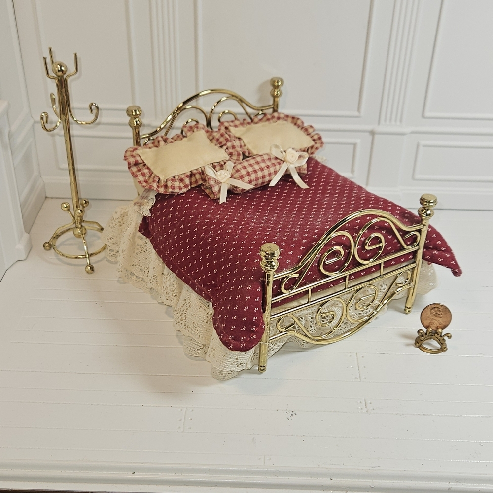 Dollhouse Miniature Bed with custom Bedding Brass